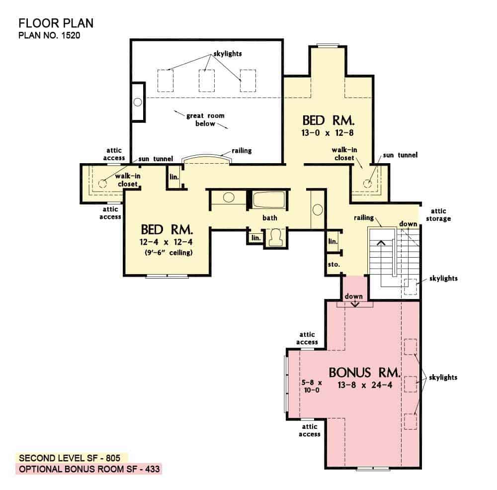 Second level floor plan with bonus room and two bedrooms sharing a centrally located bathroom.