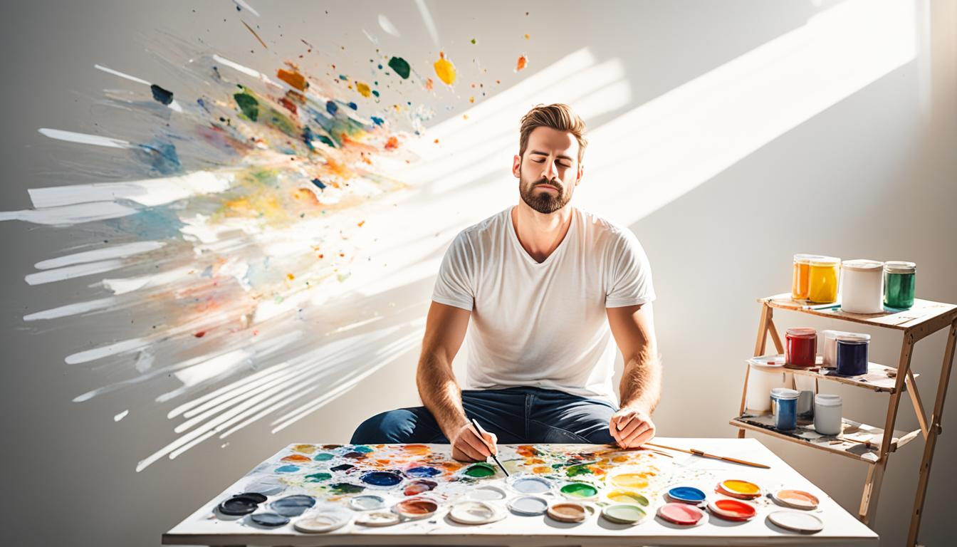 An image of a person sitting in front of a blank canvas, holding a paintbrush and palette, with their eyes closed in deep concentration. Light streams in from a nearby window, casting warm rays onto the canvas and the person's face. Surrounding the person are objects that represent their desires and manifestations, such as a stack of money, a house, a car, and other symbols of success. The person is visualizing these objects coming into their life with ease and excitement, as if they have already received them.