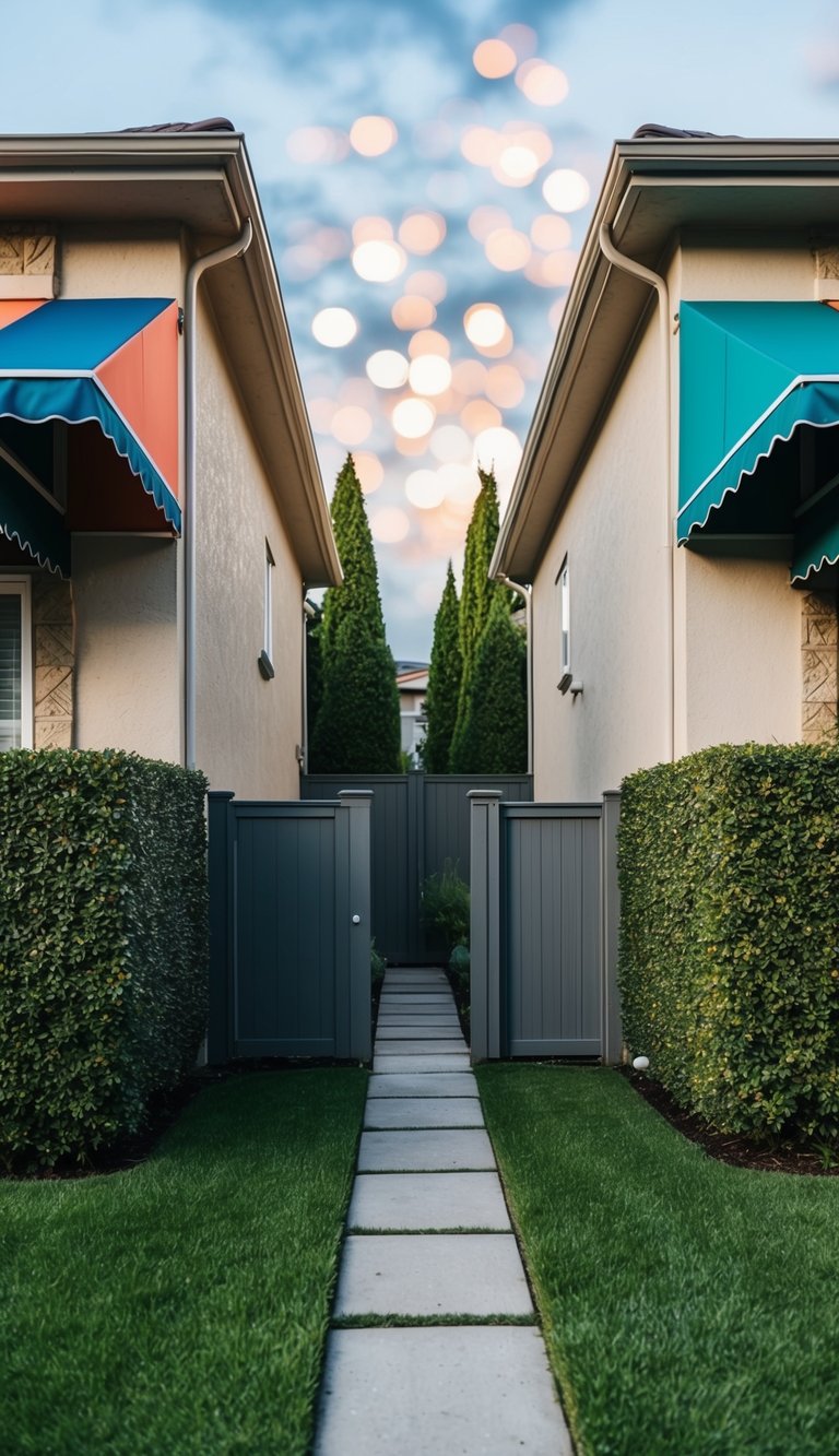 Two houses with colorful awnings, separated by tall privacy landscaping