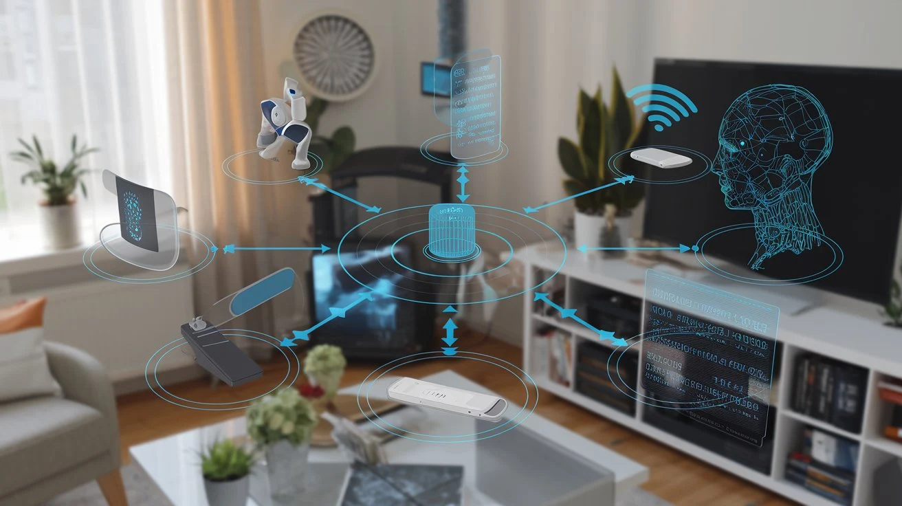 A diagram illustrating how ambient computing functions, featuring sensors, AI, and user interfaces.