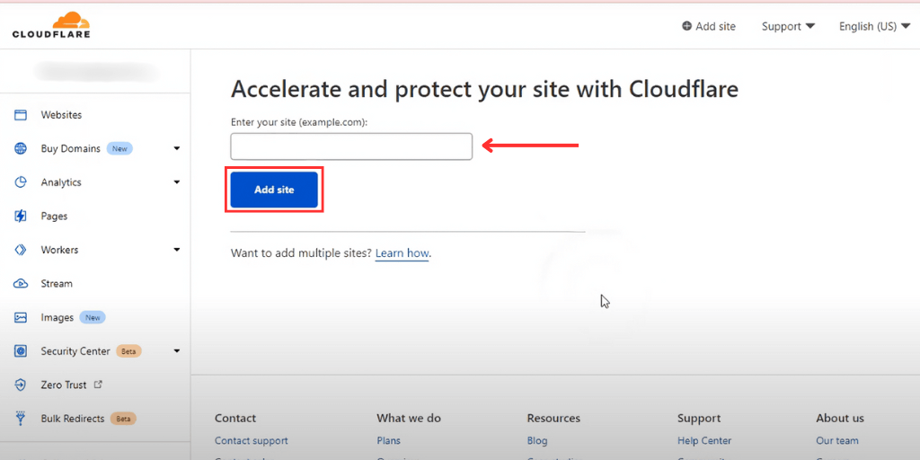 clouflare add site page