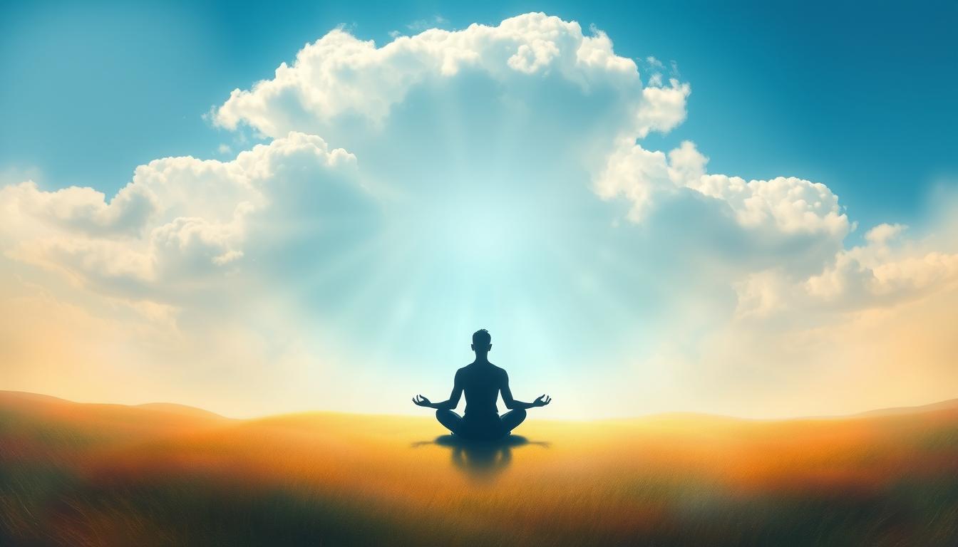 A serene landscape depicting a person meditating at the center, surrounded by ethereal light and soft, flowing colors; in the background, a gradual fading of dark clouds representing negativity or a third party, blending into a clear blue sky filled with gentle, radiant energy.