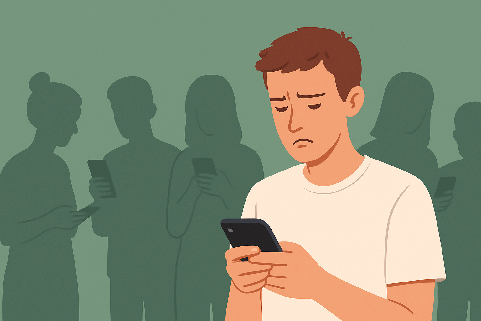 Fiatalok egy csoportja okostelefonokat néz, elmélyülten a digitális világban