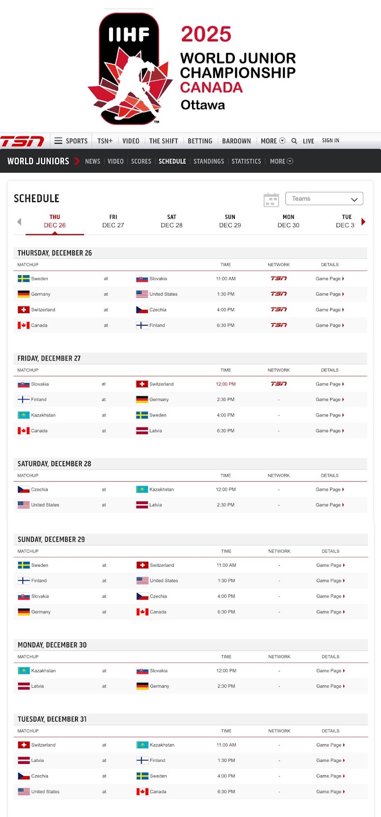 The schedule 2025 IIHF World Junior Championships.