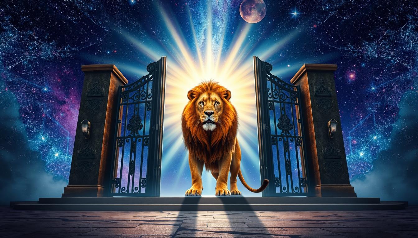 A majestic lion stands at the center of a grand gate, radiating a powerful energy that awakens the senses. Beyond the gate lies a vast expanse of cosmic space, full of stars and galaxies. The lion's presence represents courage, strength, and grace, while the open gate symbolizes an opportunity to step into a new realm of possibilities. The energy of the Lion's Gate invites you to visualize your dreams and manifest them into reality.