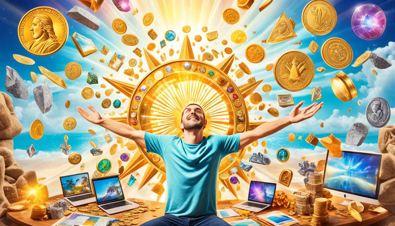 An image of a person surrounded by symbols of abundance, such as gold coins, jewels, and overflowing treasure chests. The person is facing a vision board filled with images of their dream home, and their outstretched hands are releasing rays of positive energy towards the board. A sun is shining brightly overhead, representing the power of manifestation. The colors used should be warm and inviting, with plenty of yellows and oranges to convey a sense of optimism and possibility.