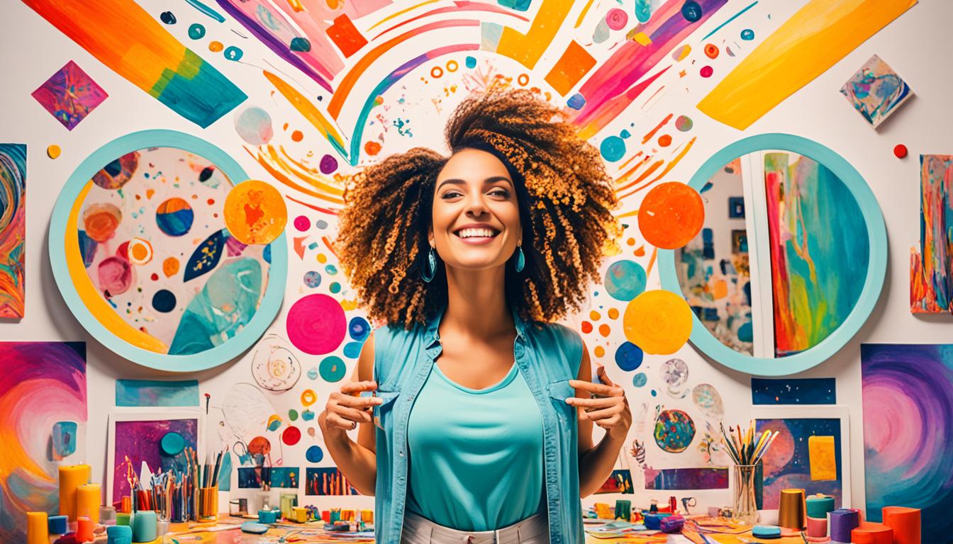 A person standing in front of a mirror, with their reflection showing them achieving their goals and dreams. The reflection is vibrant and colorful, representing the co-created reality they have manifested. The person's expression is one of empowerment and joy. In the background, there are symbols of manifestation, such as vision boards and affirmations. The overall feeling is one of possibility and potential.