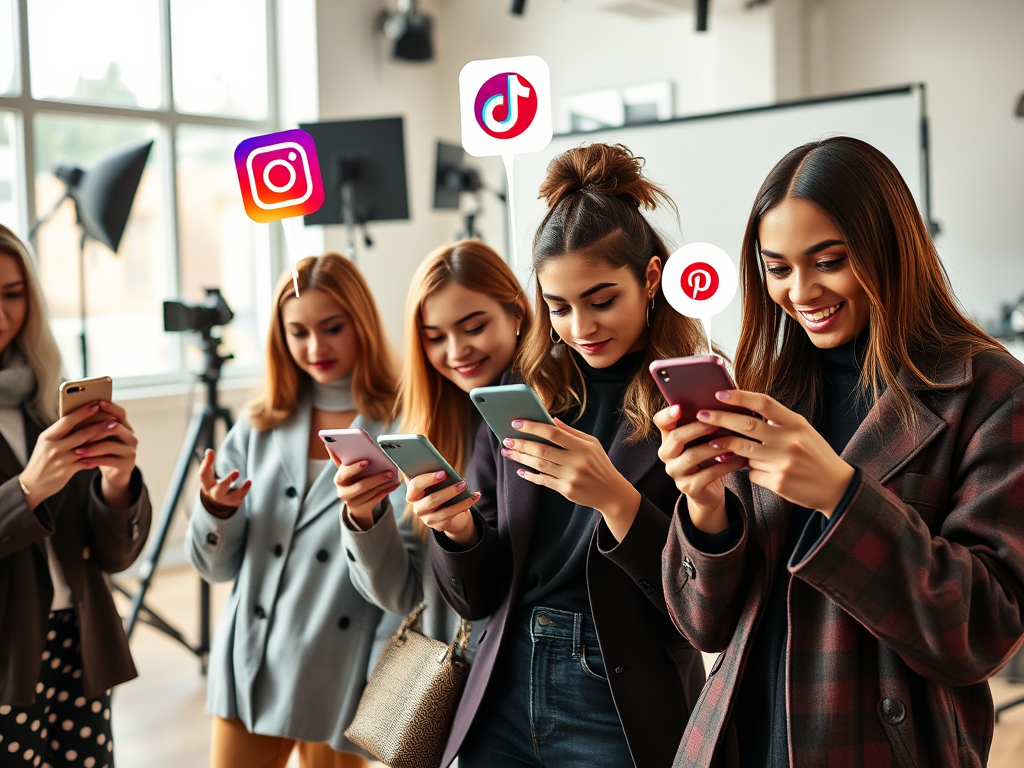 Create a realistic image of a diverse group of fashion influencers using smartphones and tablets to post on various social media platforms, with icons of Instagram, TikTok, and Pinterest floating above their devices, set against a stylish backdrop of a modern, well-lit studio with fashion photography equipment visible in the background.