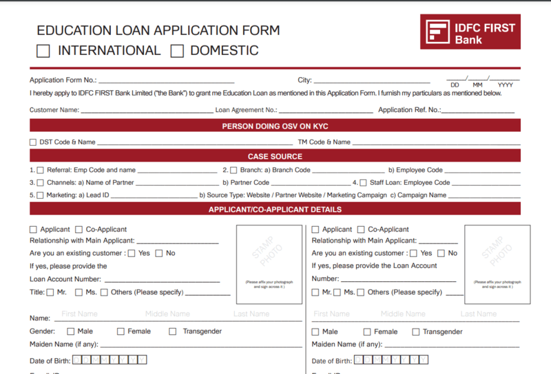 IDFC First Bank Education Loan Application Form