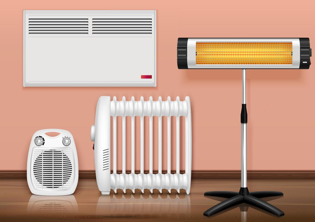 A variety of garage doors heating appliances, including a wall-mounted panel heater, a portable fan heater, an oil-filled radiator, and an infrared standing heater