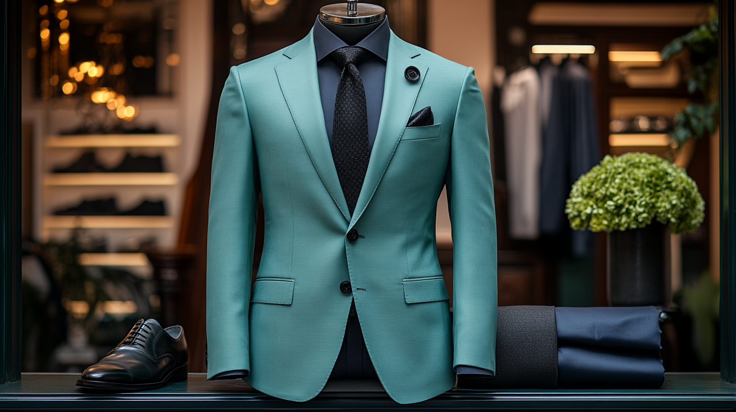 
A stylish, tailored mint green suit paired with a navy dress shirt and black leather shoes. The darker shades of navy and black create a striking contrast, making the light green suit stand out. Accessories include a sleek black tie and a charcoal pocket square for added sophistication. The setting is modern and elegant, with subtle lighting that enhances the sharpness and balance of the outfit.