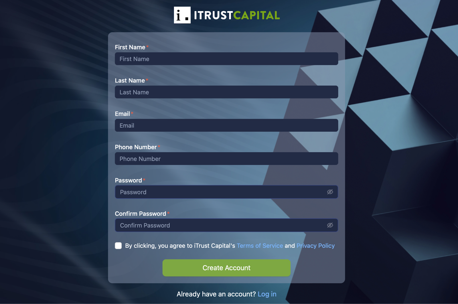 A screenshot of iTrust's signup process.