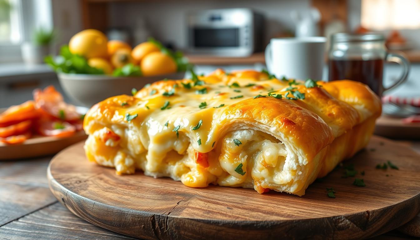 Fluffy Crescent Roll breakfast casserole with layers of sausage, eggs, and melted cheese.