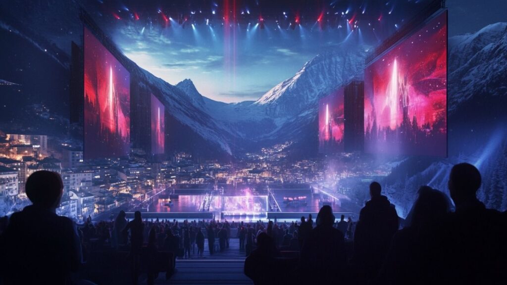 Eurovision 2025 host country stage in Switzerland with cheering crowd