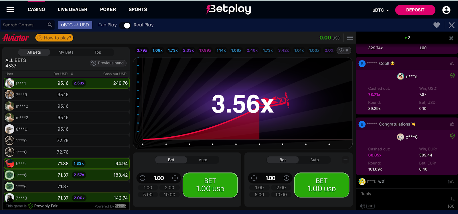 Juego Aviator en Betplay con un multiplicador de 3.56x, ideal para jugadores que buscan dónde jugar Aviator en Argentina.