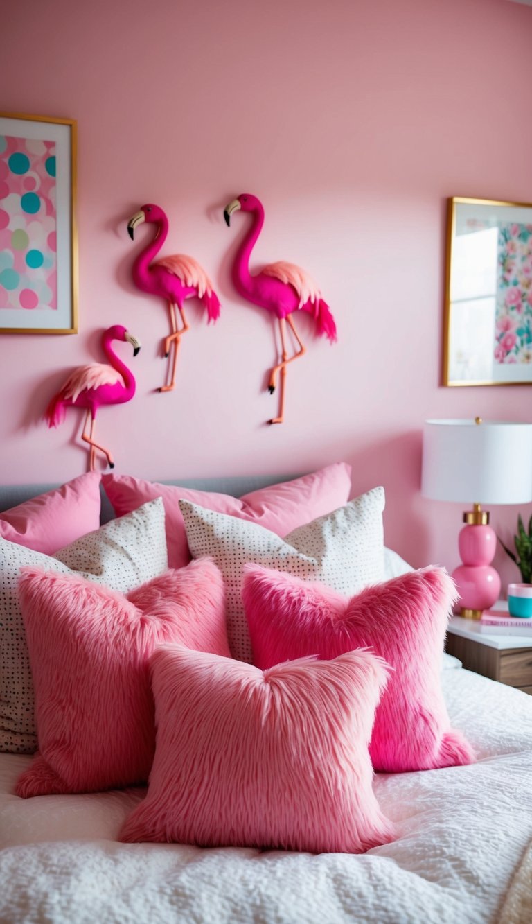 A cozy bedroom with pink walls and fluffy flamingo decor pieces scattered around, including pillows, lamps, and wall art