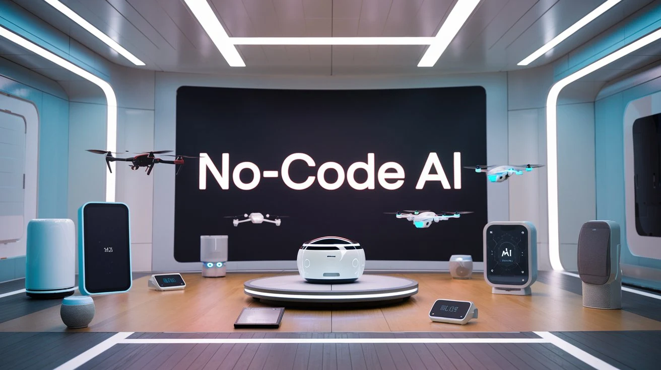 A futuristic depiction of No-Code AI, showing interconnected AI tools and devices shaping the future of innovation.