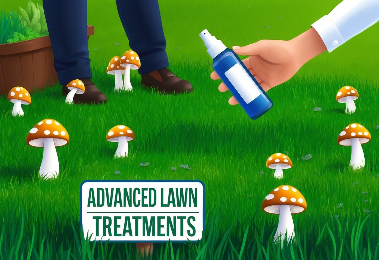 A lush green lawn with scattered mushrooms, a person holding a bottle of lawn treatment, and a sign reading "Advanced Lawn Treatments."