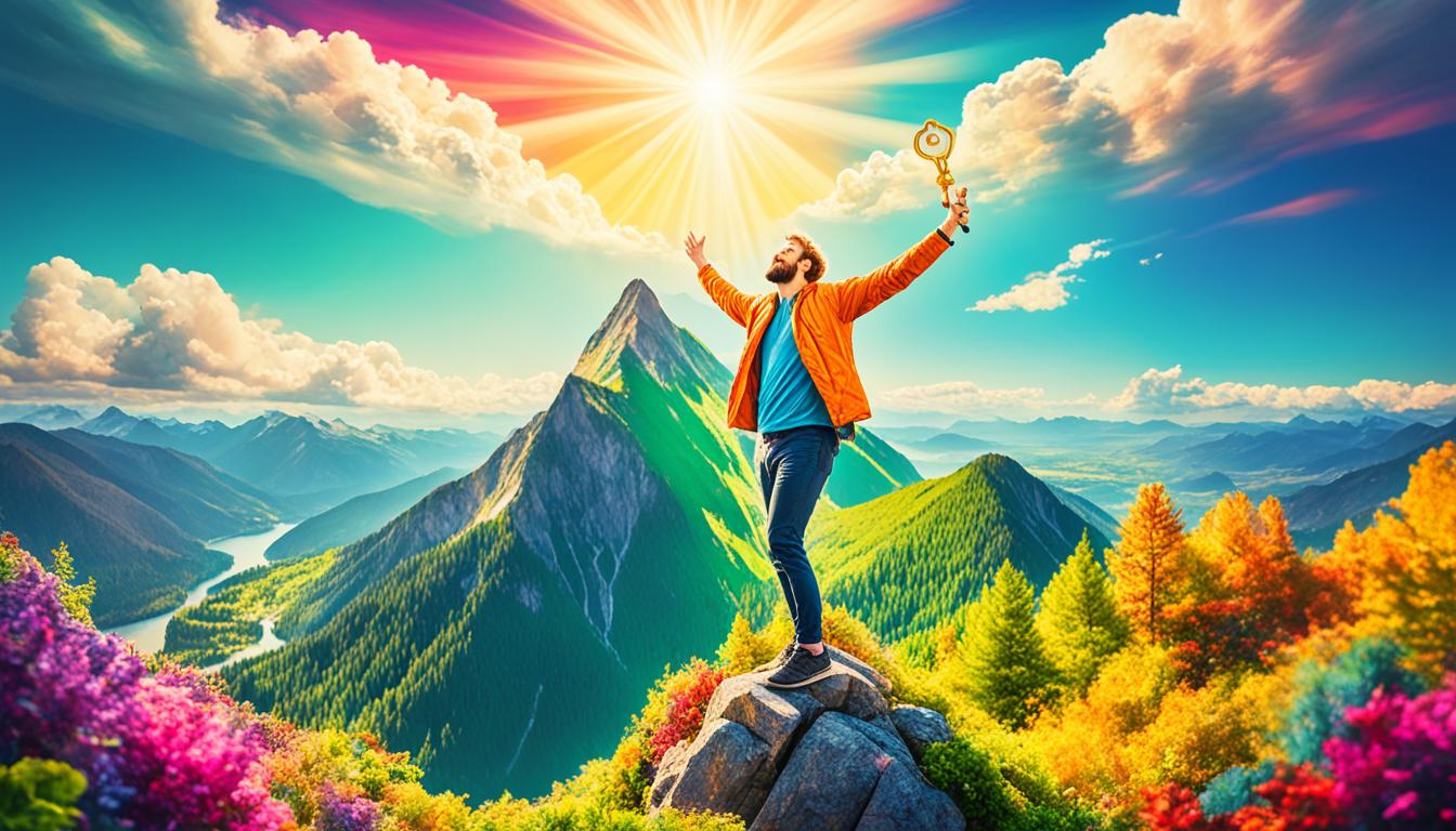 An image of a person standing on top of a mountain surrounded by greenery and holding a golden key. The person is looking up to the sky with their arms spread out wide, as if they are welcoming abundance and prosperity into their life. The sky above is filled with vibrant colors, symbolizing the infinite possibilities that come with having an abundance mindset. The key represents the power to unlock new opportunities and financial success.