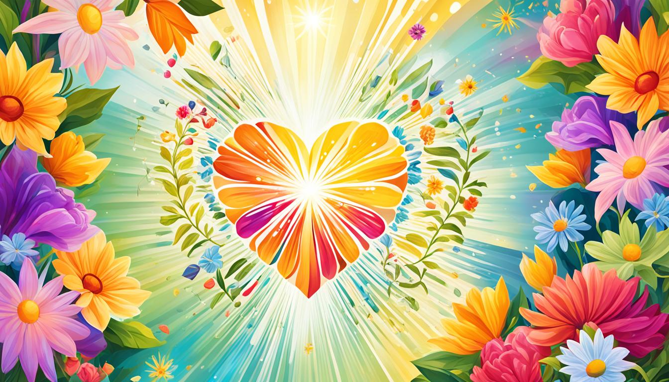 A montage of colorful flowers and leaves surrounding a golden heart, with rays of light shining outwards. Each flower represents a positive affirmation for manifesting your perfect marriage partner, such as "I trust the universe to bring me love" and "I am worthy of a healthy and loving relationship". The image exudes warmth, comfort, and optimism.