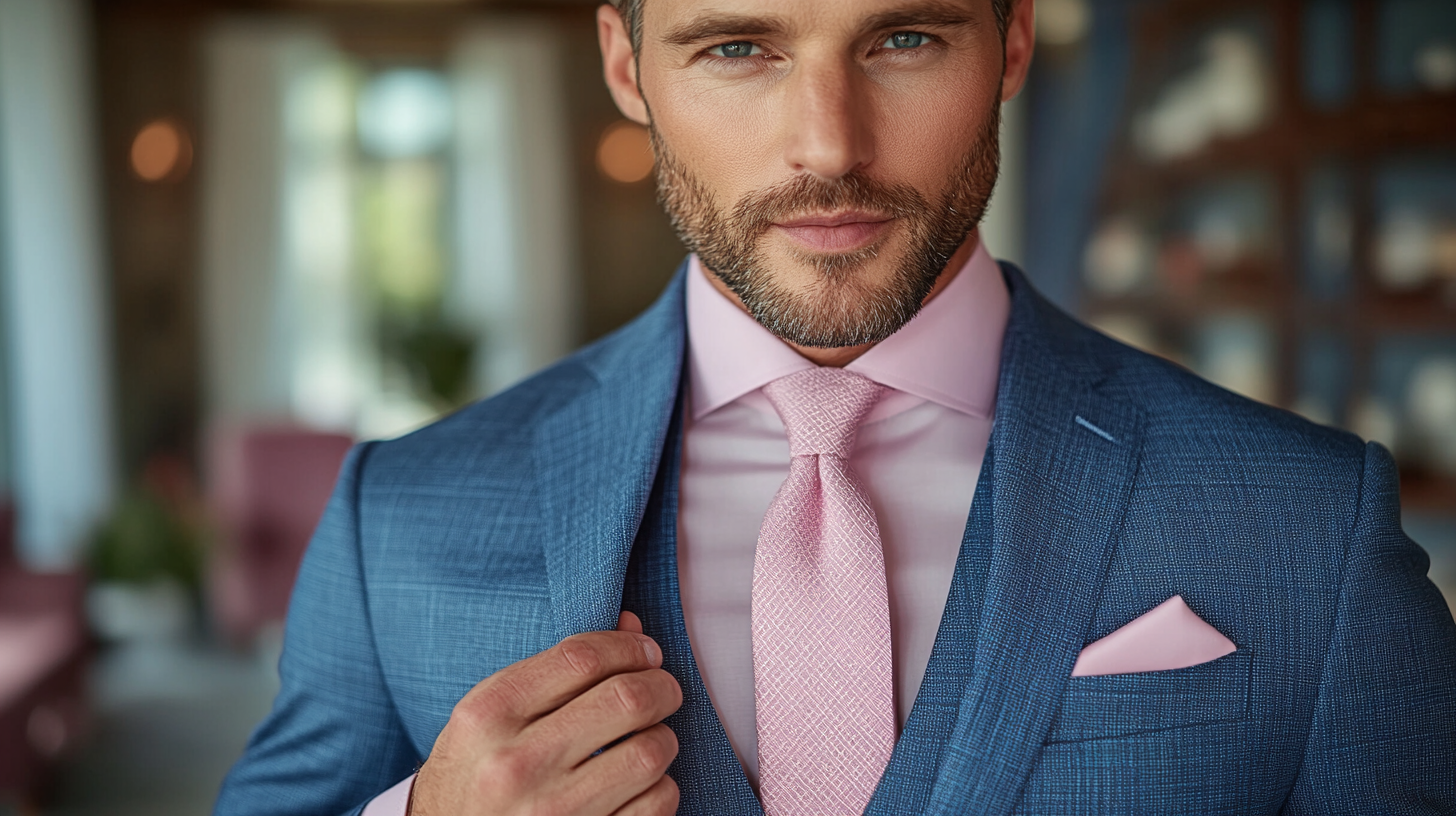 
A stylish wedding guest wearing a tailored navy blue suit, paired with a pastel pink shirt or tie for a soft, modern touch. The gentle pink hue adds warmth and elegance, making it perfect for spring or summer weddings. The suit features a sleek slim fit, sharp lapels, and a crisp dress shirt, creating a refined yet youthful look. The man adjusts his tie or buttons his jacket, highlighting the polished details. The softly blurred background suggests an elegant wedding venue with bright, natural lighting. Photorealistic, ultra-HD, cinematic lighting.