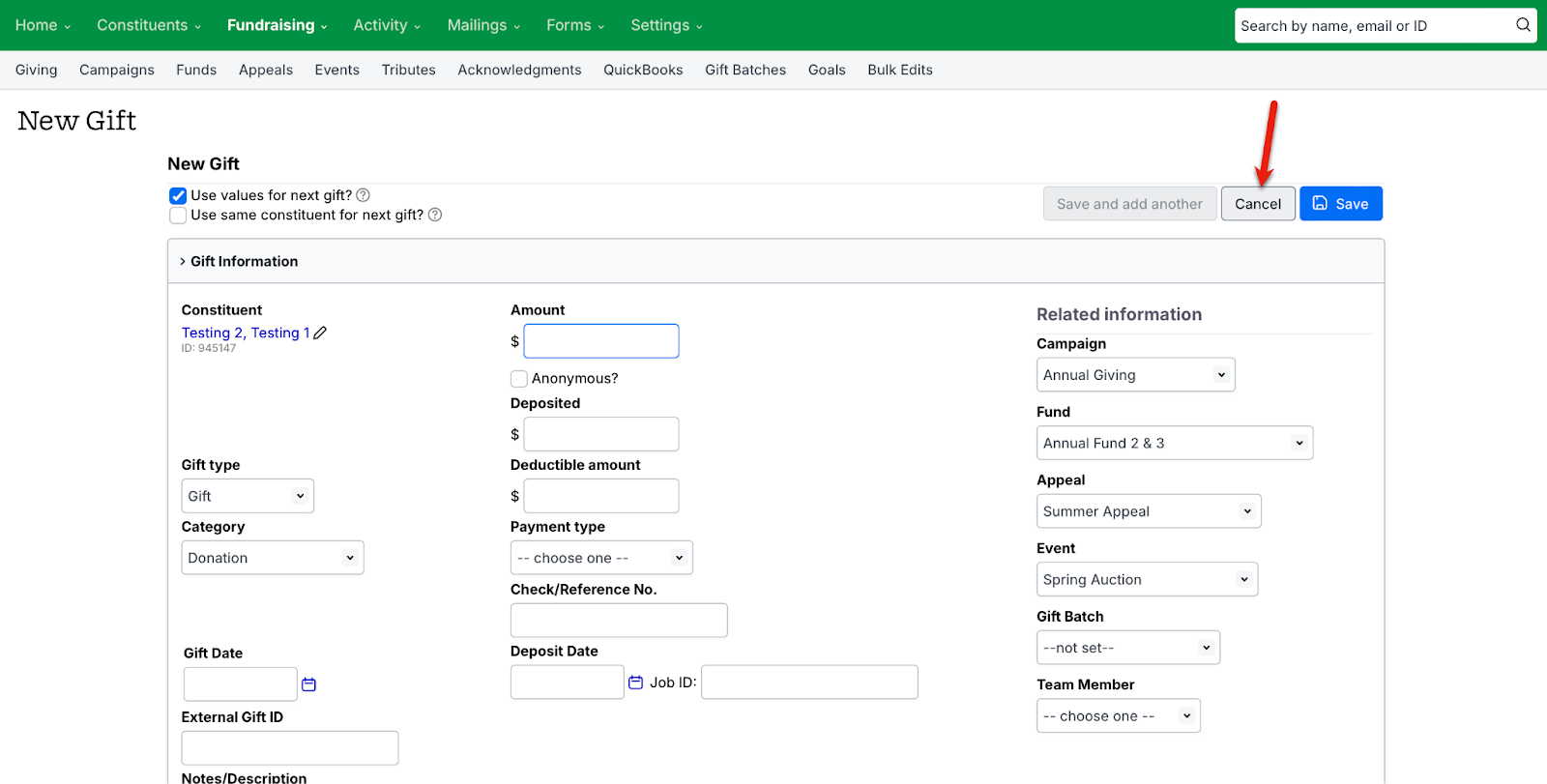 new gift entry form