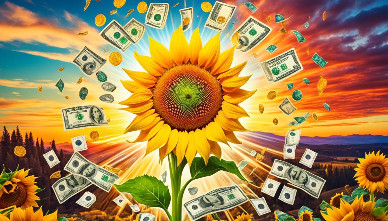 A glowing sunflower bursting with energy and brightness, surrounded by various symbols representing different manifestations, such as a stack of money, a dream house, a healthy body, and a fulfilling job. In the background, a beautiful sunset sky signifies the end of old limitations and the beginning of new opportunities.