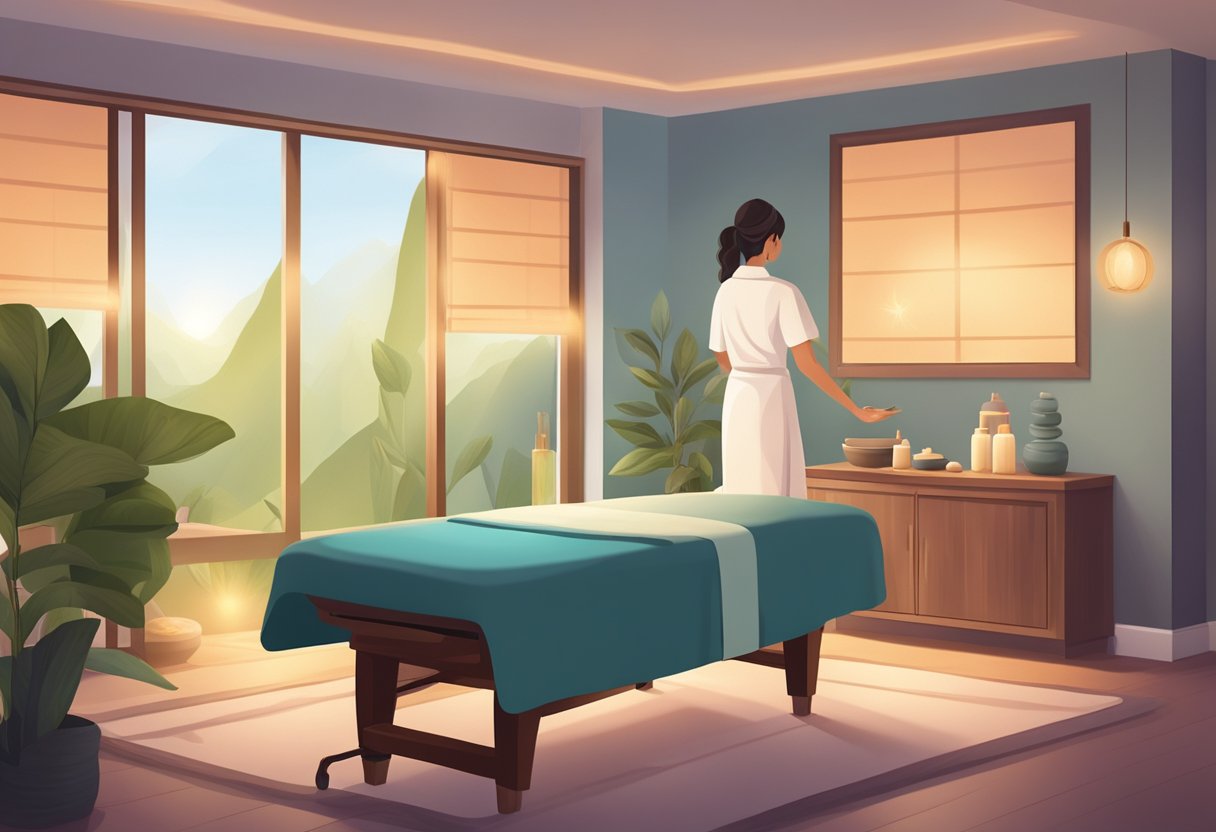 A serene spa room with soft lighting, a massage table, and calming decor. A Reiki practitioner performs energy healing with soothing music playing in the background