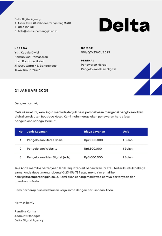 Surat penawaran harga untuk  jasa pengelolaan media digital