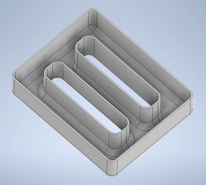3D sketch of a square tray with two oval openings with raised sides