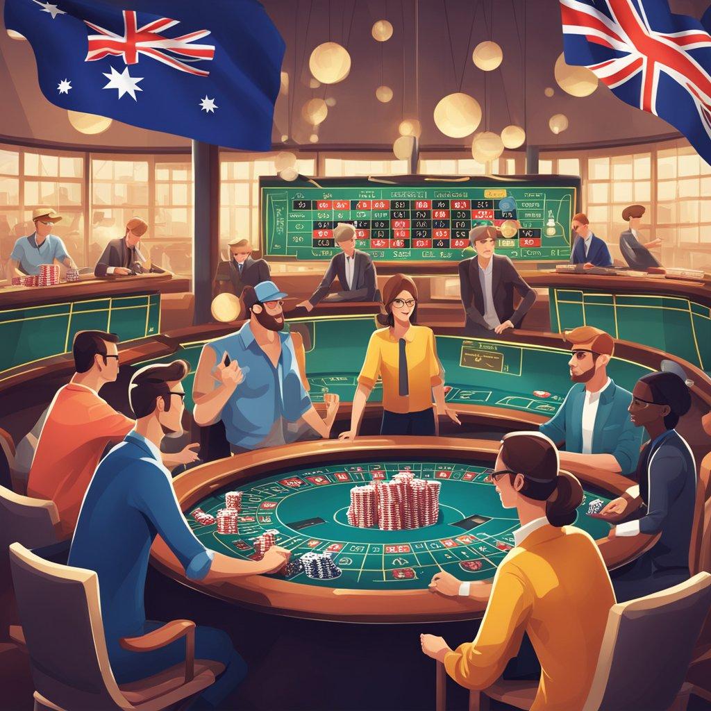 A group of people playing various casino games online, with Australian flags and regulation symbols in the background