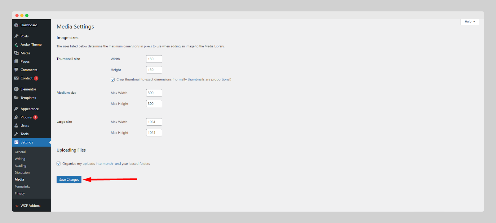 click on the “Save Changes” button in WordPress Media Settings. 