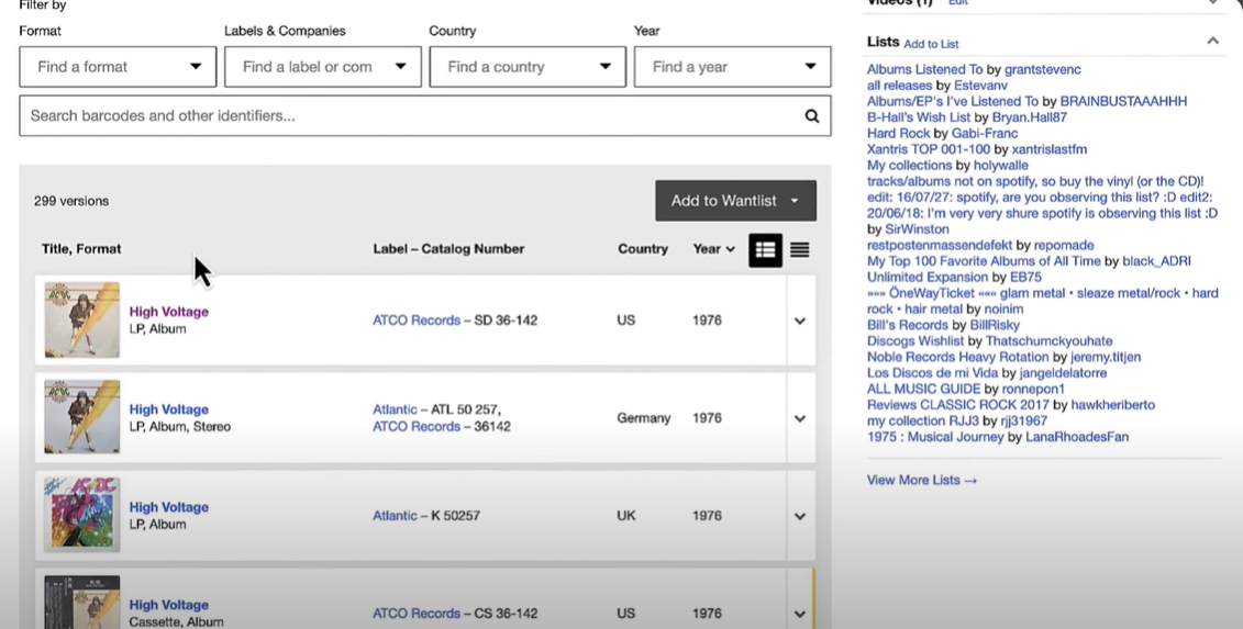 A user browsing through multiple versions of the "High Voltage" album on Discogs, filtering by label and catalog number.