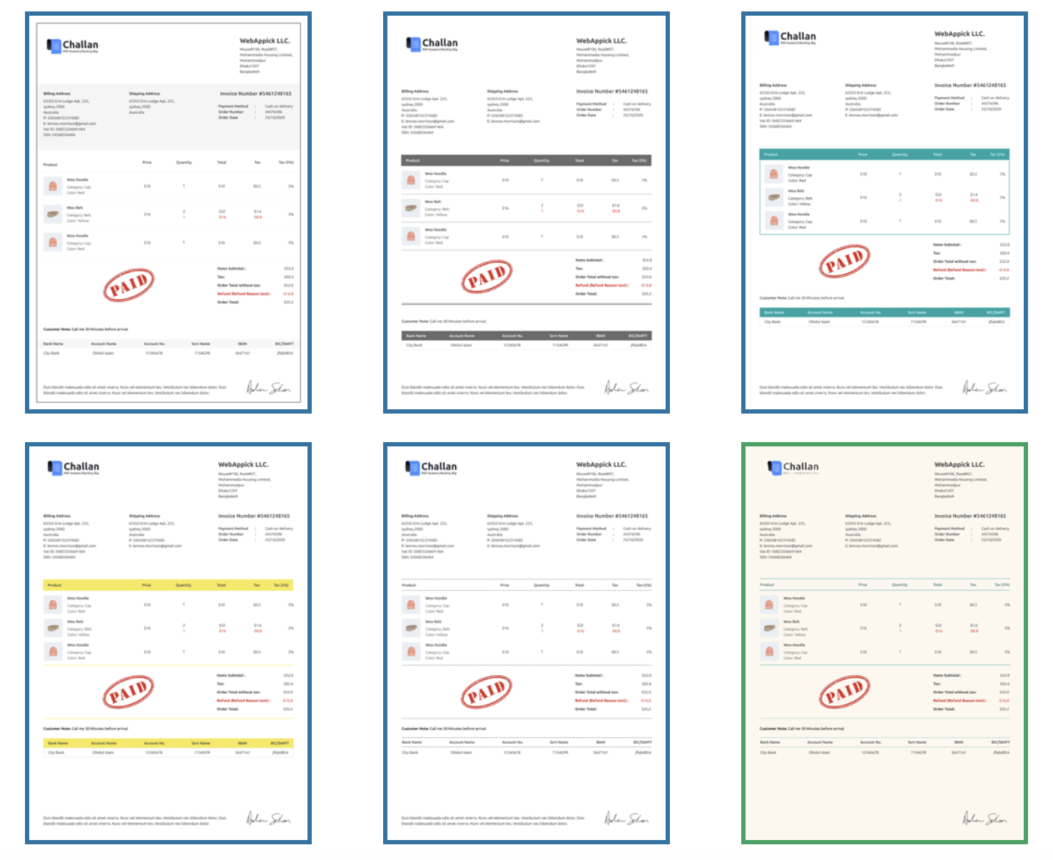 Premade woocommerce invoice template