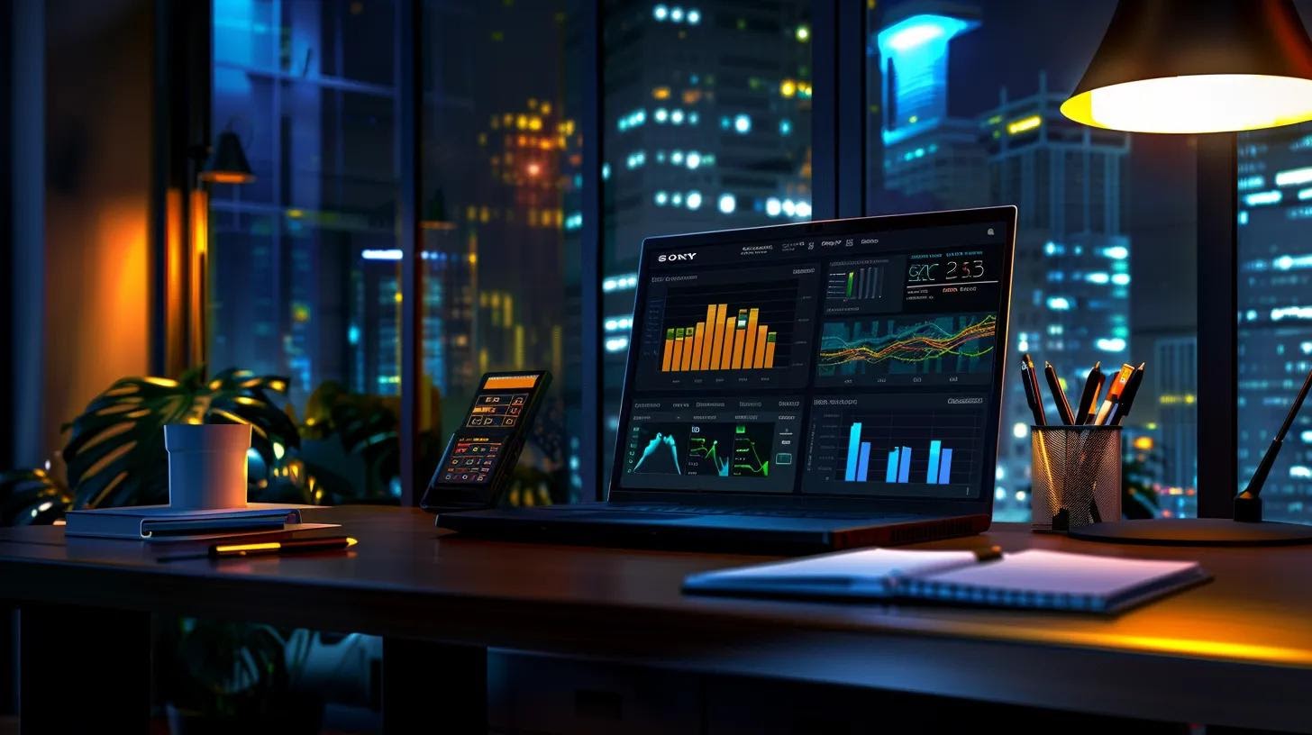 a modern office workspace featuring an engaging digital dashboard displaying vibrant graphs and analytics about schema markup success, with a laptop open beside a sleek notepad, emphasizing the importance of structured data in enhancing search visibility.