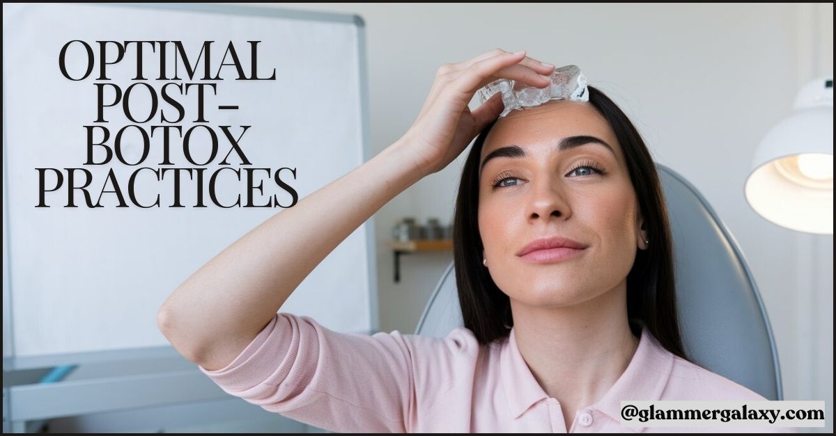 Woman holding card over face, “Optimal Post-Botox Practices” title, desk with lamp background.