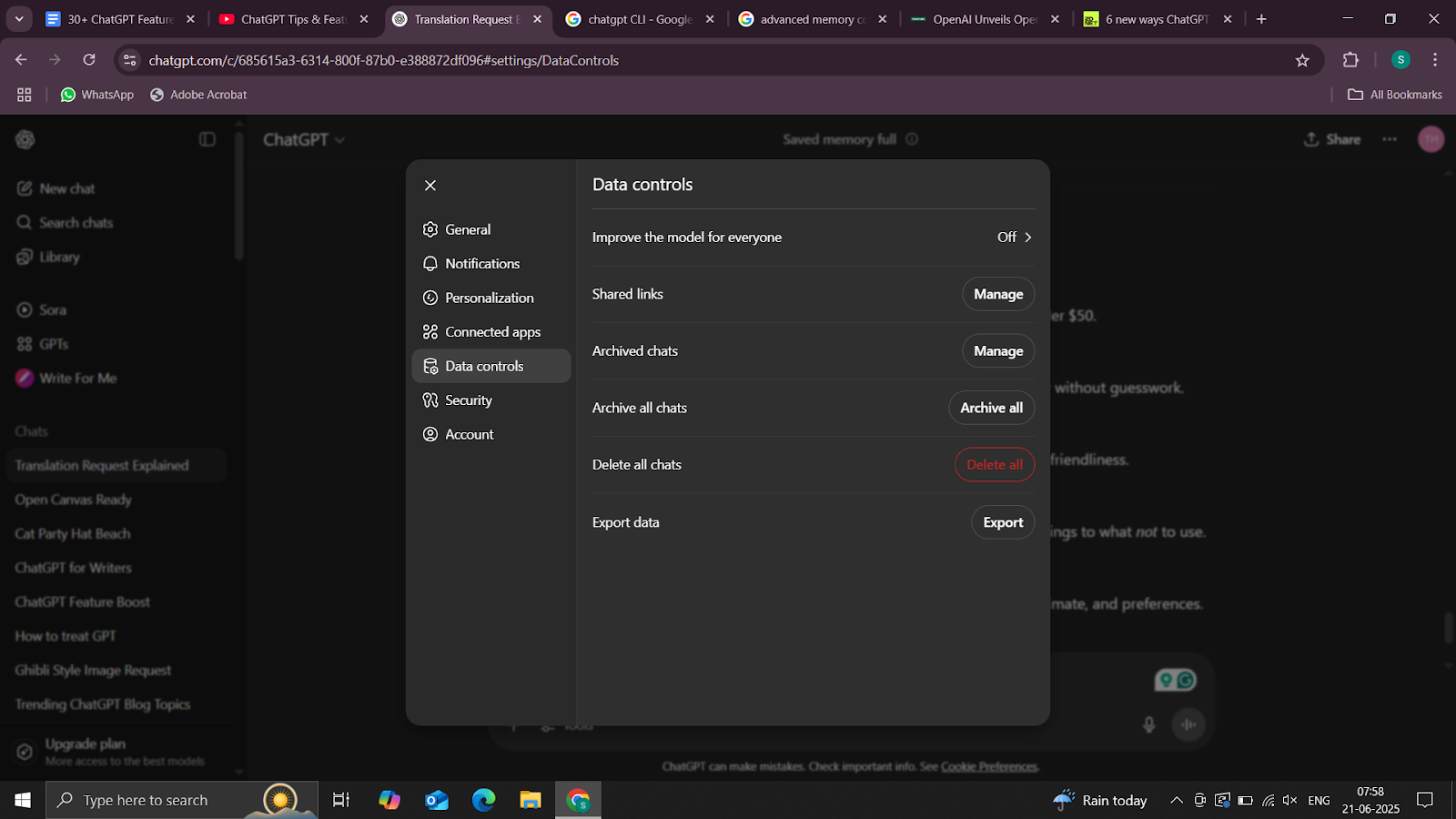 data control feature in chatgpt
