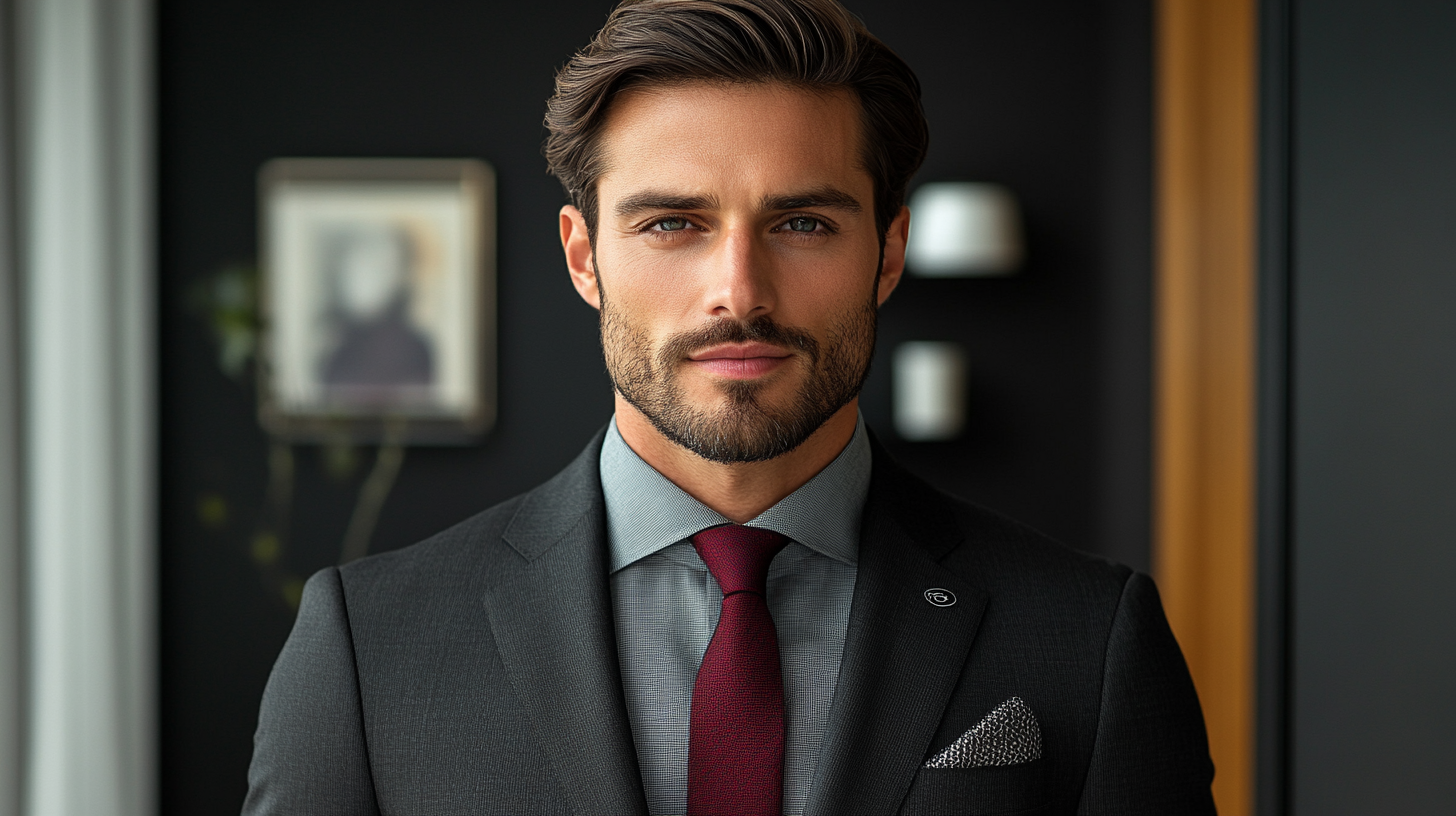 A sharp, modern man in a black suit and grey shirt, featuring different stylish tie options (black, red, silver) and elegant accessories like pocket squares and cufflinks. The scene exudes sophistication, with subtle contrasts in the fabric and colors of the outfit. The atmosphere is polished, professional, and stylish, perfect for a formal event or business setting.