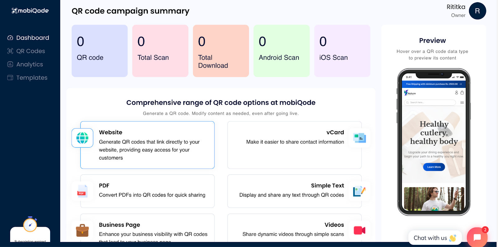 mobiqode dashboard for qr code creation