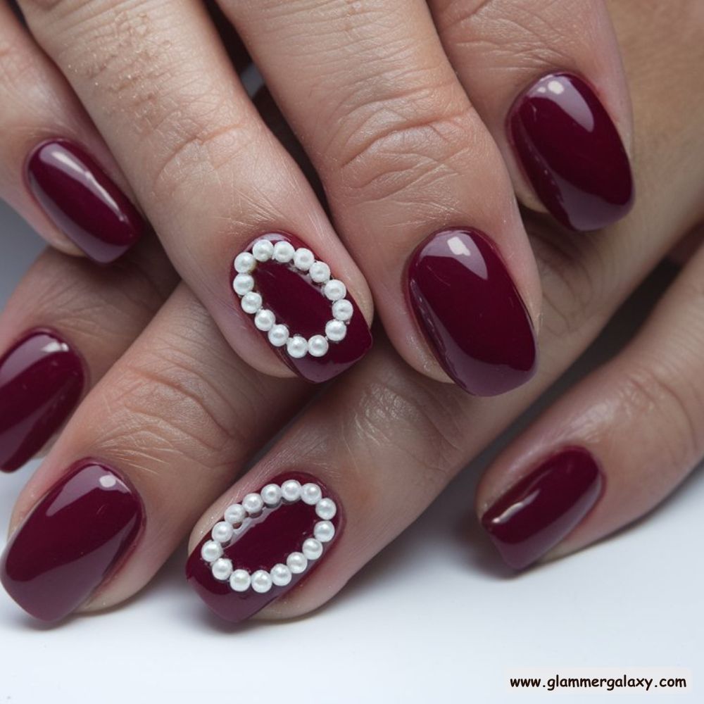 Burgundy fall Nails with Timeless Pearl nail art