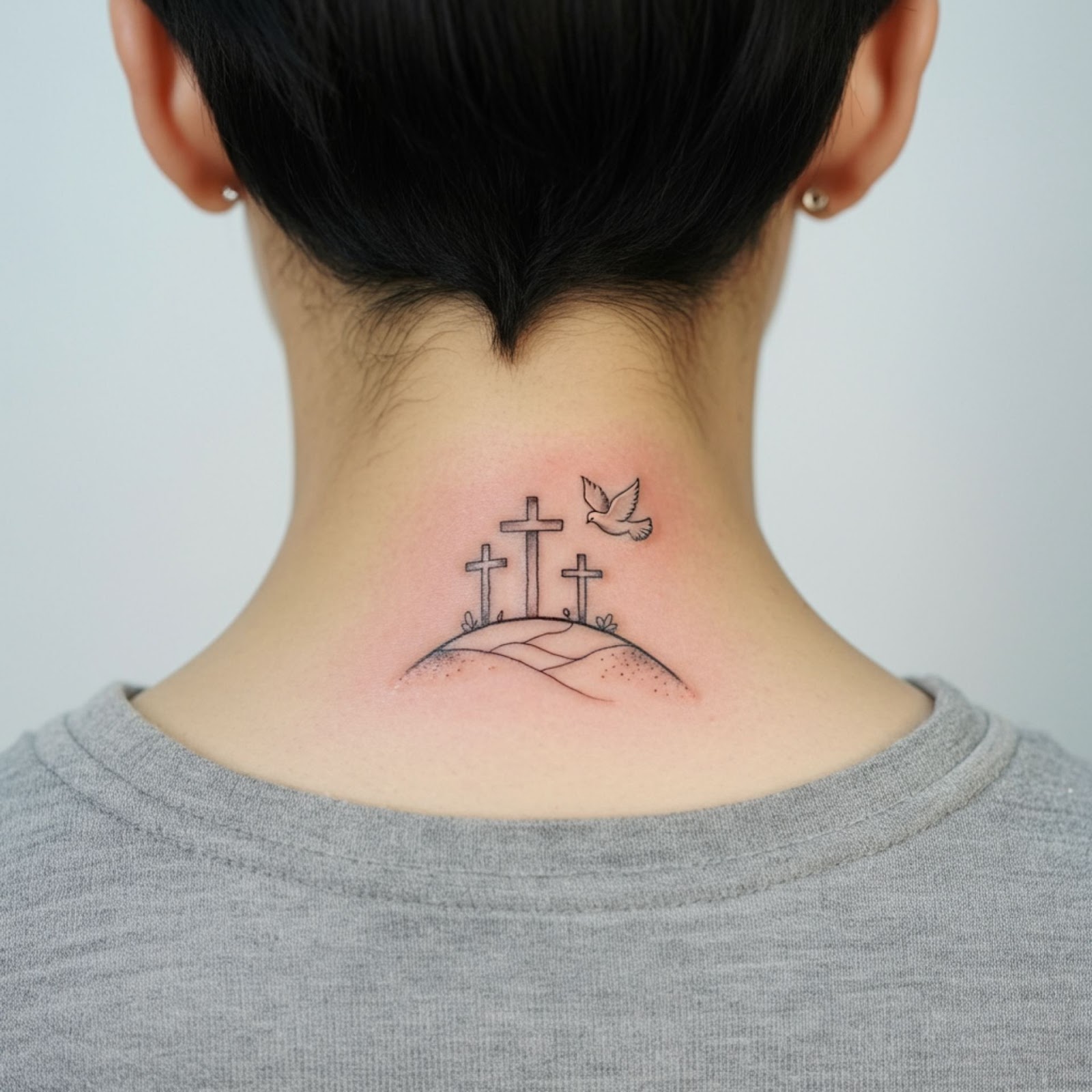 Three Crosses on a hill with a Dove Tattoo