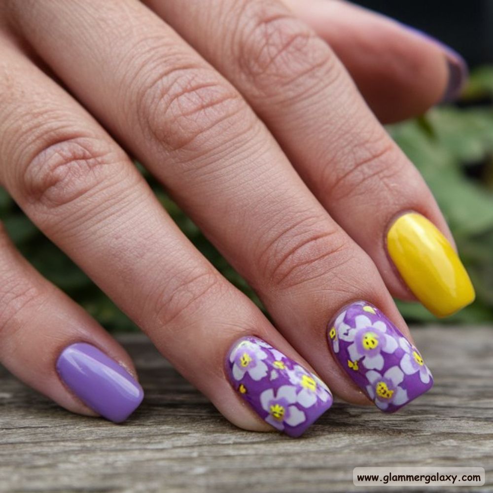 Short Fall Nail having Purple and Yellow Nails
