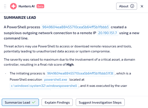 Screenshot of Summarize Lead functionality from Hunters AI-assisted investigation within Hunters Next-Gen SIEM, detailing a suspicious outgoing network connection via PowerShell with a high-risk score.