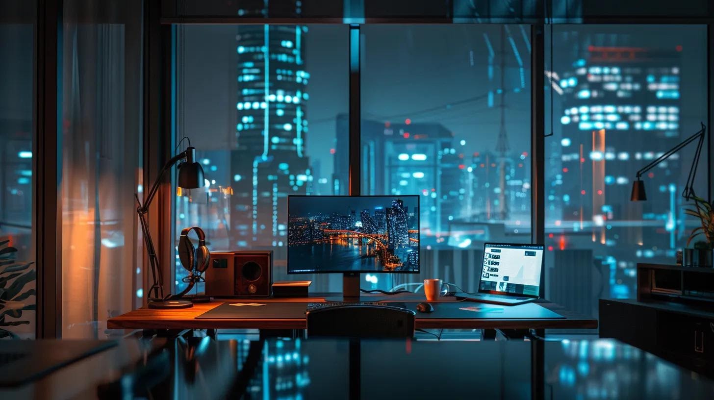 a sleek, modern office workspace features a high-tech computer with a vibrant website displayed on the screen, conveying a sense of urgency and efficiency in optimizing page load speed for enhanced navigation.