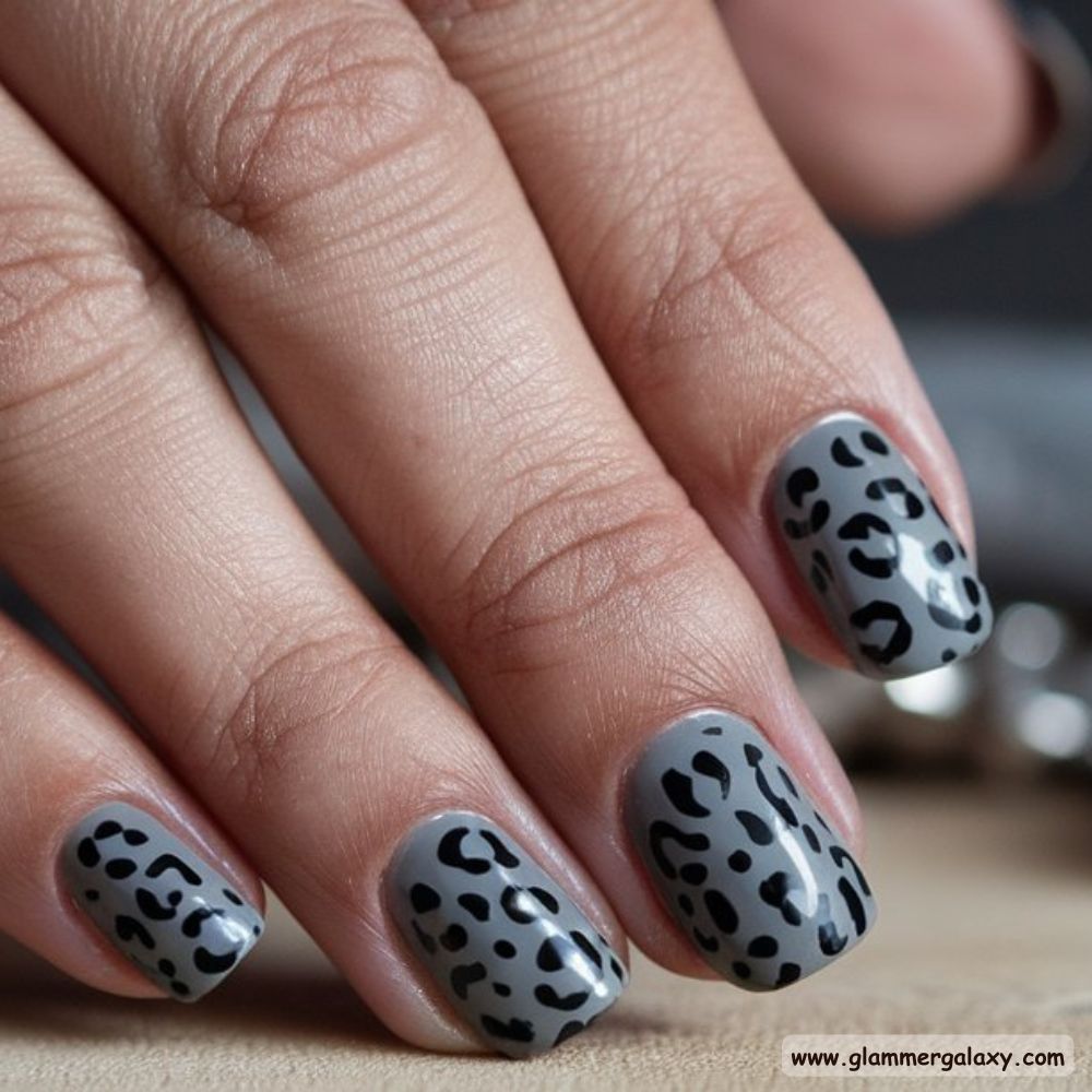 Winter Gray Nails having Trendy Leopard Print
