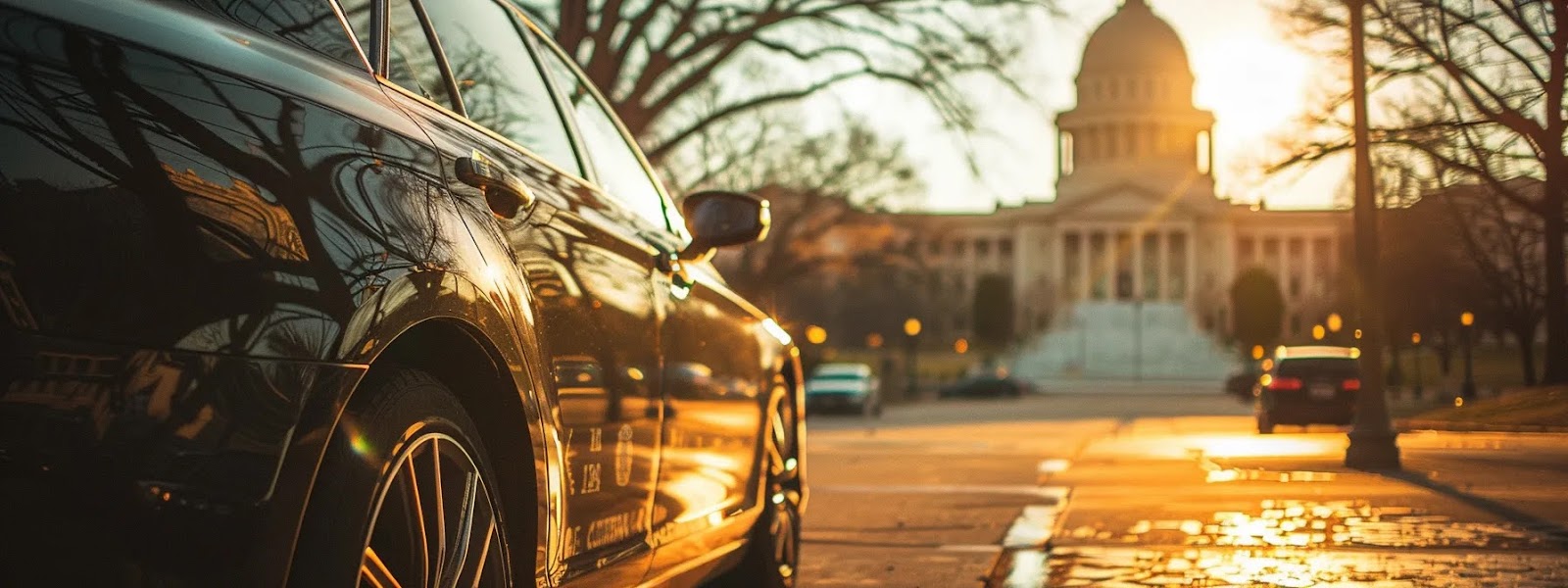 a car parked in front of the oklahoma state capitol building, displaying proof of insurance on the windshield.