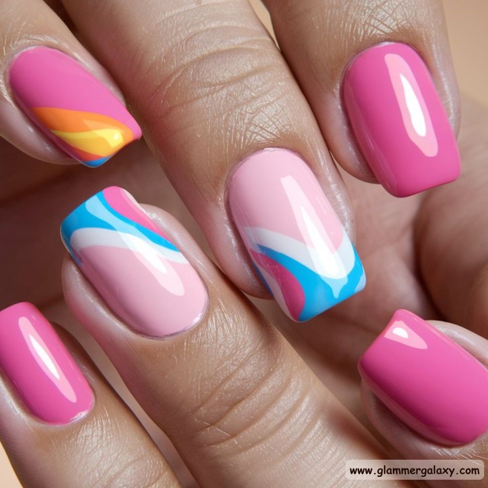 End of Summer Nails having Barbie Pink Swirl Art