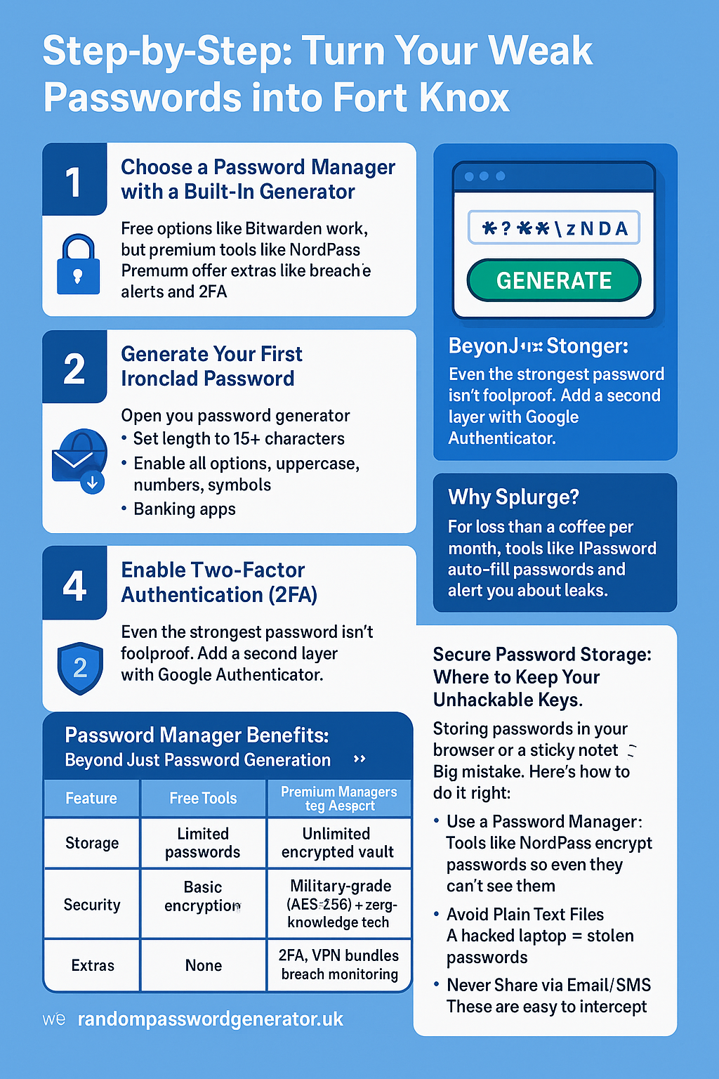 Infographic titled “Step-by-Step: Turn Your Weak Passwords into Fort Knox,” set on a blue-and-white background. It walks through four numbered steps—choosing a password manager, generating a 16+ character password with uppercase, numbers, and symbols, replacing weak passwords for email, banking, and social media, and enabling two-factor authentication via Google Authenticator. Below is a comparison table of free versus premium password managers (storage limits, security levels, extras), advice on why premium tools are worth it, and tips for secure password storage. The bottom footer shows “RAND PASS UK” alongside the URL randompasswordgenerator.uk.