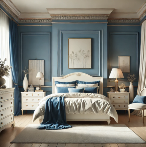 Timeless bedroom design with classic blue and off-white for a serene atmosphere.
