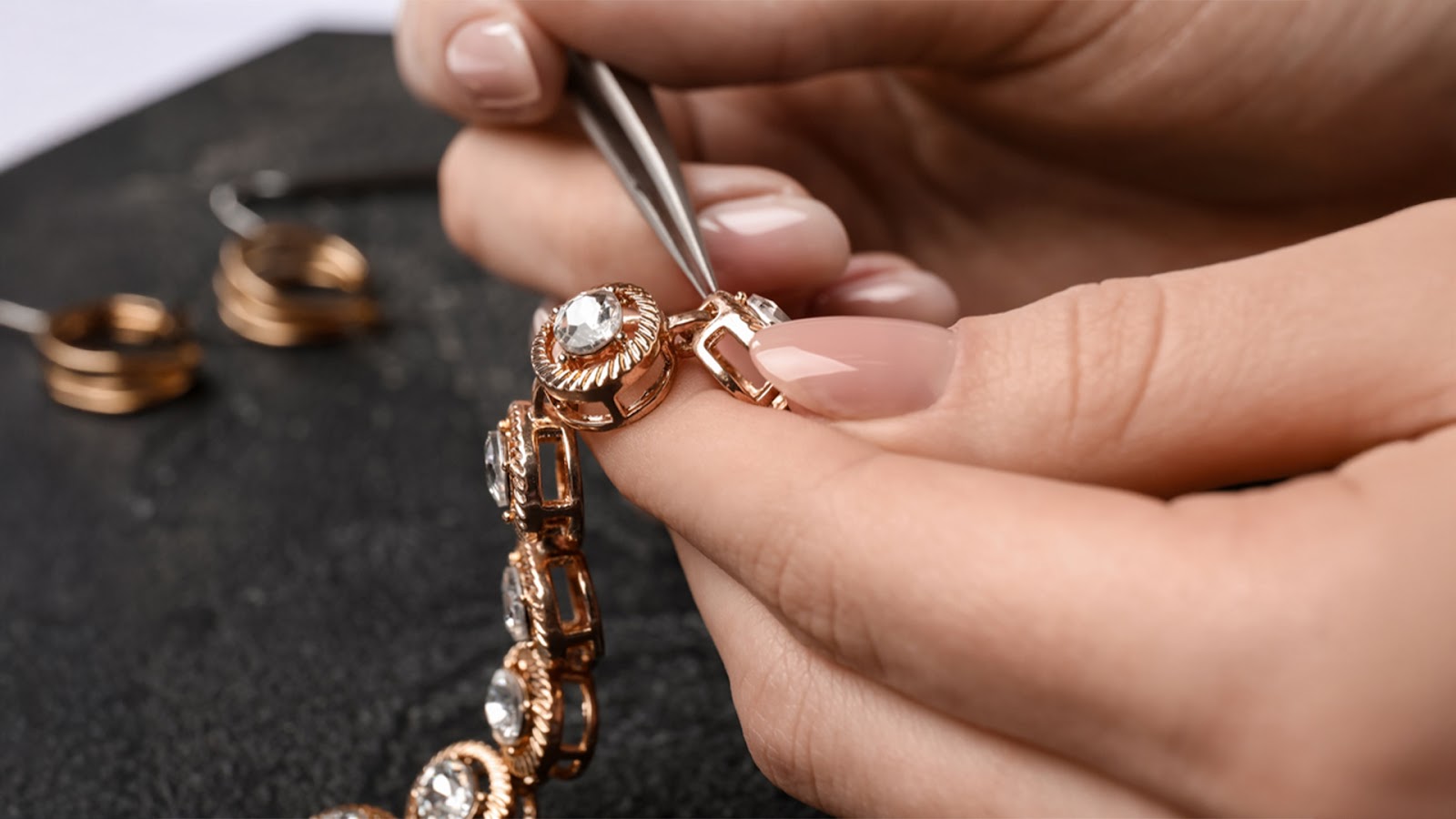 A woman is cutting a diamond bracelet with scissors, showcasing her attention to detail in the process.